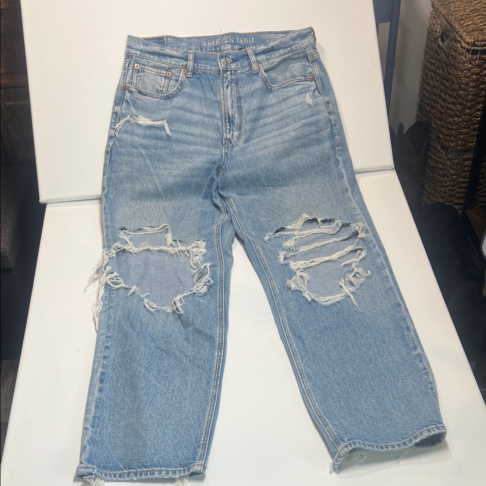 American Eagle Outfitters Light Blue Ripped Straight Leg Jeans